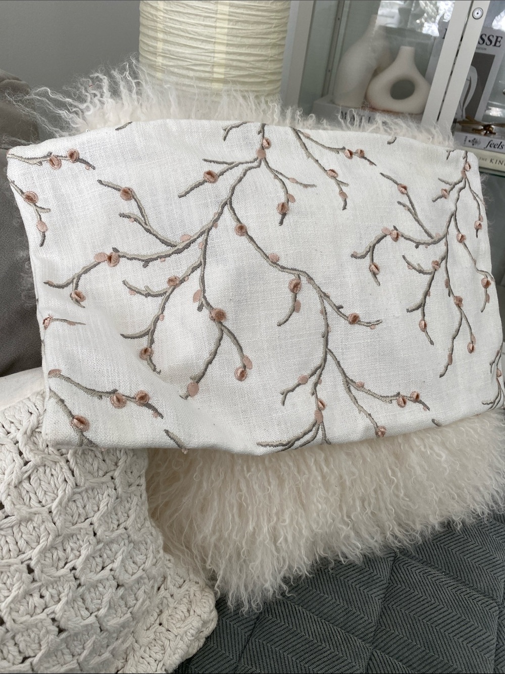 Ballard Designs Cherry Blossom Embroidered  Pillow Cover “12 x “20 NWOT 🌸🌸🌸🌸